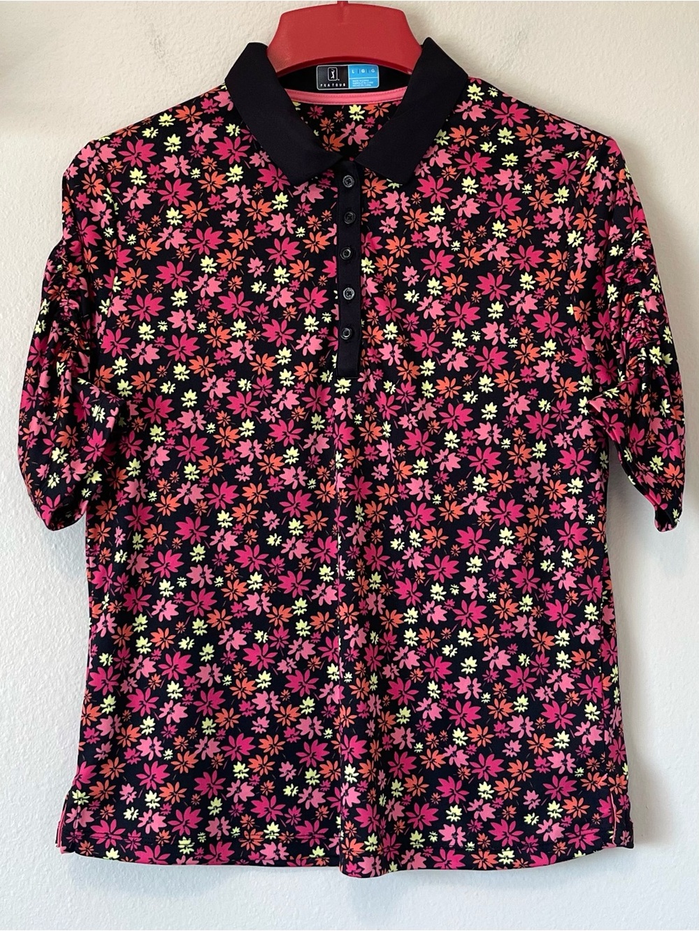 PGA Tour Floral Golf Polo - Ruched Sleeve Performance Stretch - Size Large